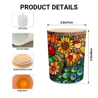 Stained Glass Peacock Tea Light Candle Holders, Thanksgiving Day Tealight Candle Holder Jar with Wooden Lid, Pumpkins Votive Candlesticks for Table Centerpieces, Christmas,Birthday Party