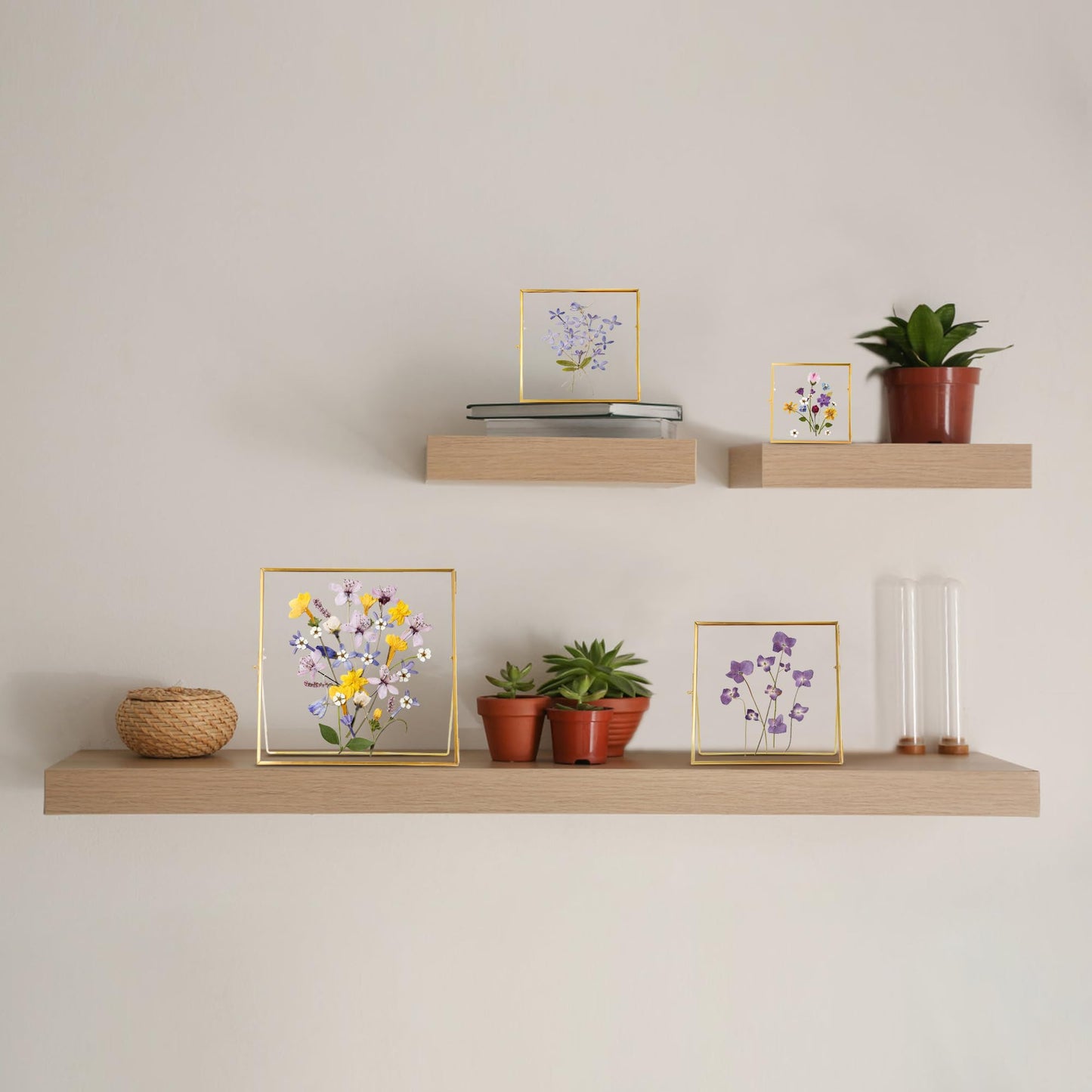 REDHUGO Double Glass Frame for Pressed Flowers Handmade, Tabletop Photo Frame for Floating Picture and Flower Press, Simple, Metal Geometric, Square, Gold, 4x4 Inches