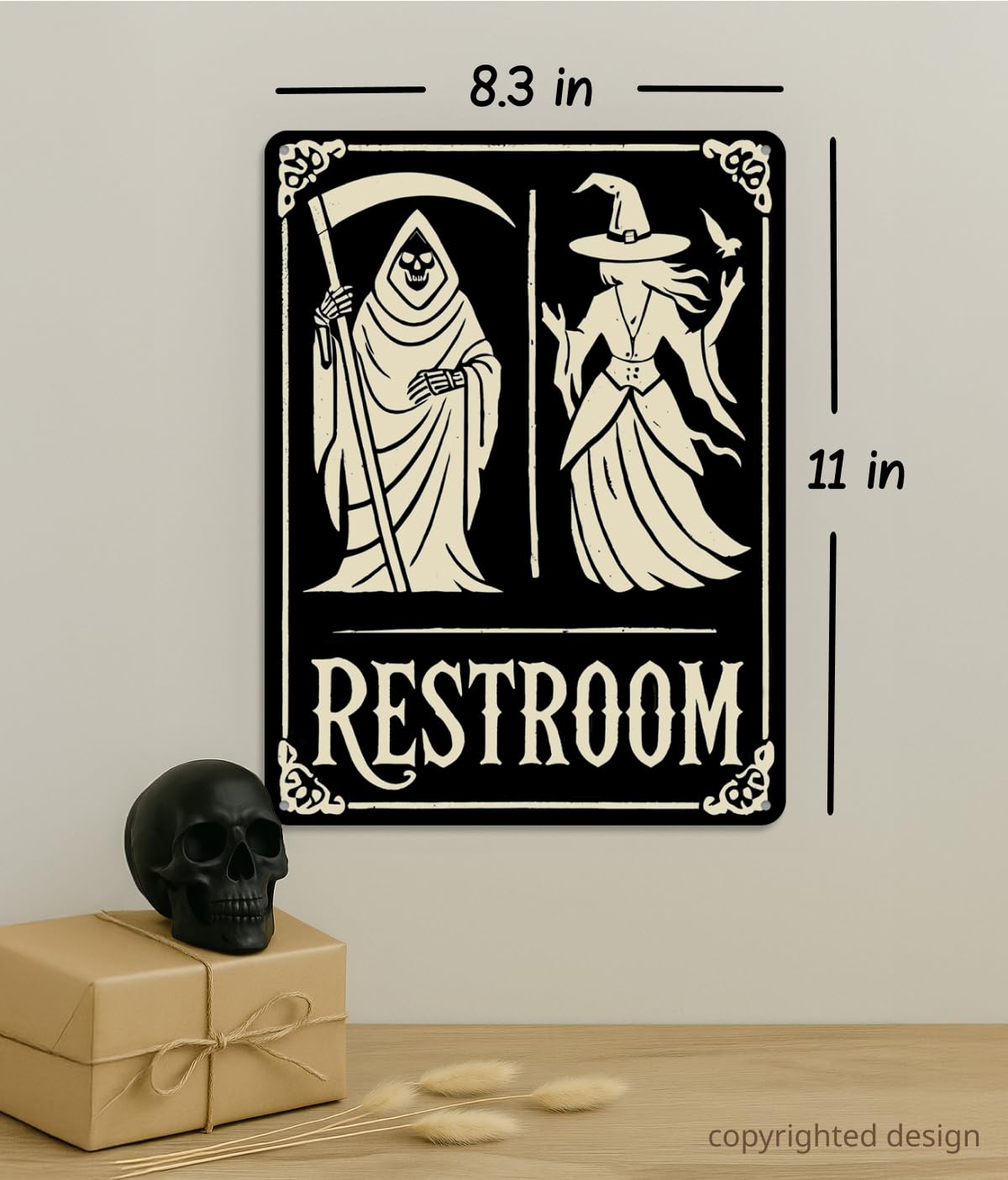 Halloween Bathroom Decor Sign – Grim Reaper & Witch Wall Art, Spooky Restroom Decor, Funny Gothic Metal Plaque 11x8.3 in, Occult, Witchy, Horror Home or Goth Bathroom Decor by Opix Design