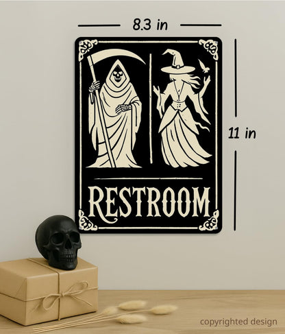 Halloween Bathroom Decor Sign – Grim Reaper & Witch Wall Art, Spooky Restroom Decor, Funny Gothic Metal Plaque 11x8.3 in, Occult, Witchy, Horror Home or Goth Bathroom Decor by Opix Design