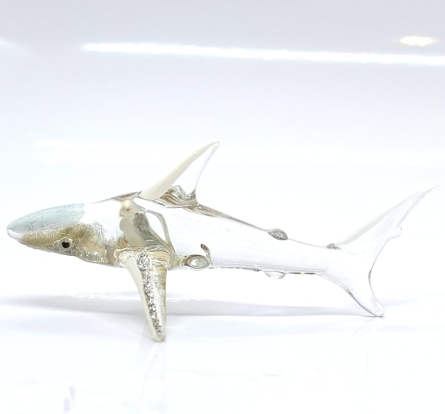 Shark Miniature Figurines - Tiny Hand Painted Blown Glass Art Collectible Gift Decor (Clear Silver)