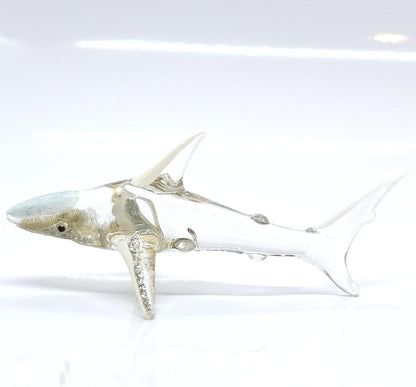 Shark Miniature Figurines - Tiny Hand Painted Blown Glass Art Collectible Gift Decor (Clear Silver)