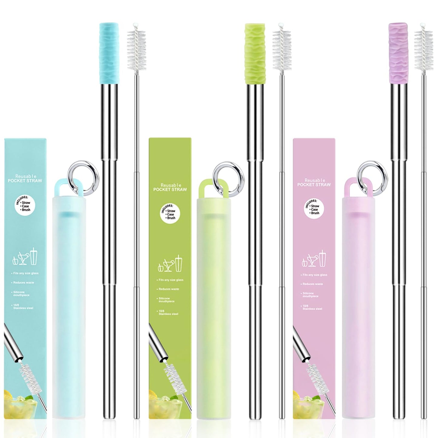 Reusable Straws 3Pack Metal Straw Foldable Portable Drinking Straw Travel Stainless Steel Straws Set with Case and Clean Brush