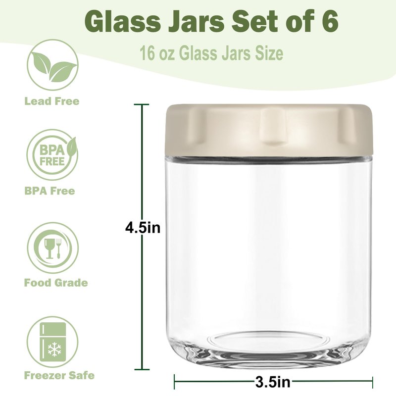 RYTSAS 6 Pack Glass Overnight Oats Jars with Airtight Lid, 16OZ Wide Mouth Mason Jars, Leak Proof Glass Food Storage Containers for Yogurt, Oats, Chia Pudding, Snacks, Spice, Sugar