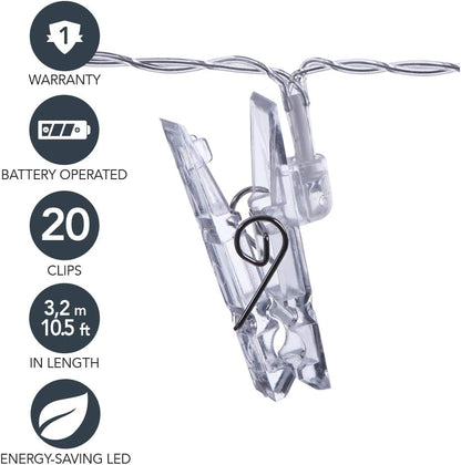 GL42589 10.5 Sterno Home LED Battery-Operated Clip String Lights, Feet, Warm White Cord