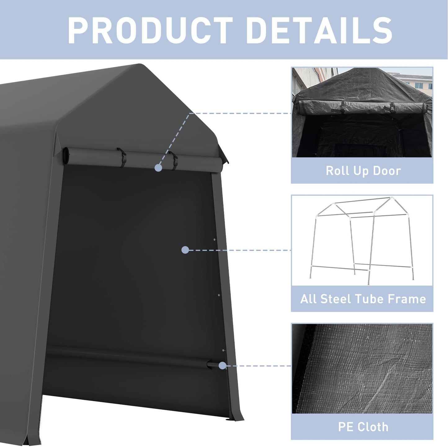 7x12 FT Heavy-Duty Portable Garage, Outdoor Storage Shelter Shed with Zipper Doors - Waterproof UV Resistant Carport Tent for Motorcycle, ATV, Lawn Equipment,Black