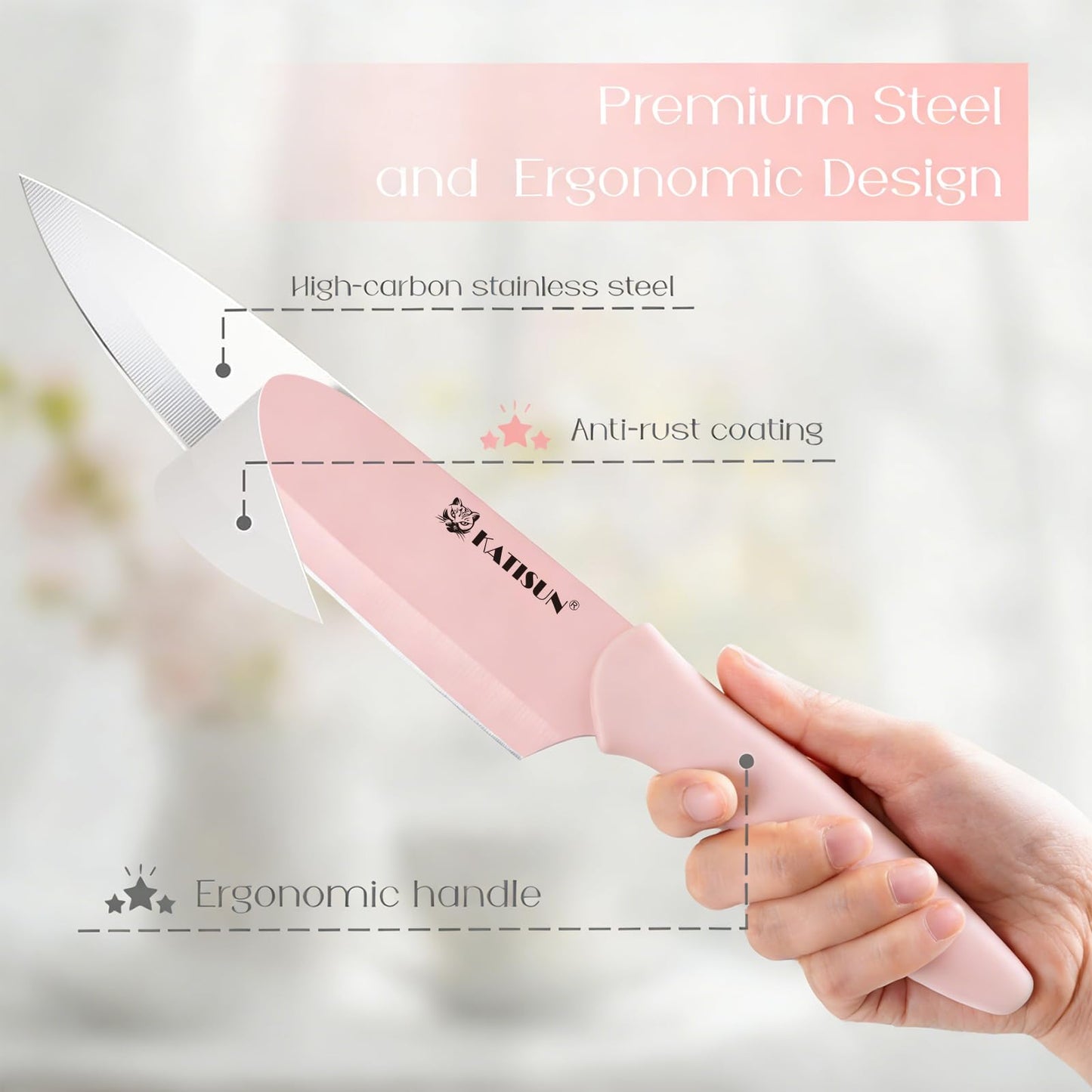 Knife Set, 15 Pieces Knives Sets for Kitchen with Block, Dishwasher Safe Kitchen Knife Set with Built in Sharpener Block, German High Carbon Stainless Steel Knife Block Set with Pink Nonstick Coating
