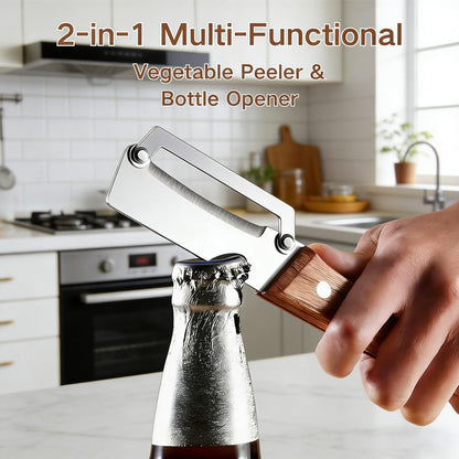 Skiennix Multi-Functional Vegetable Peeler - 2-in-1 Stainless Steel with Wooden Handle & Bottle Opener | Ideal for Potatoes, Pumpkins, Zucchini (2 Pcs)