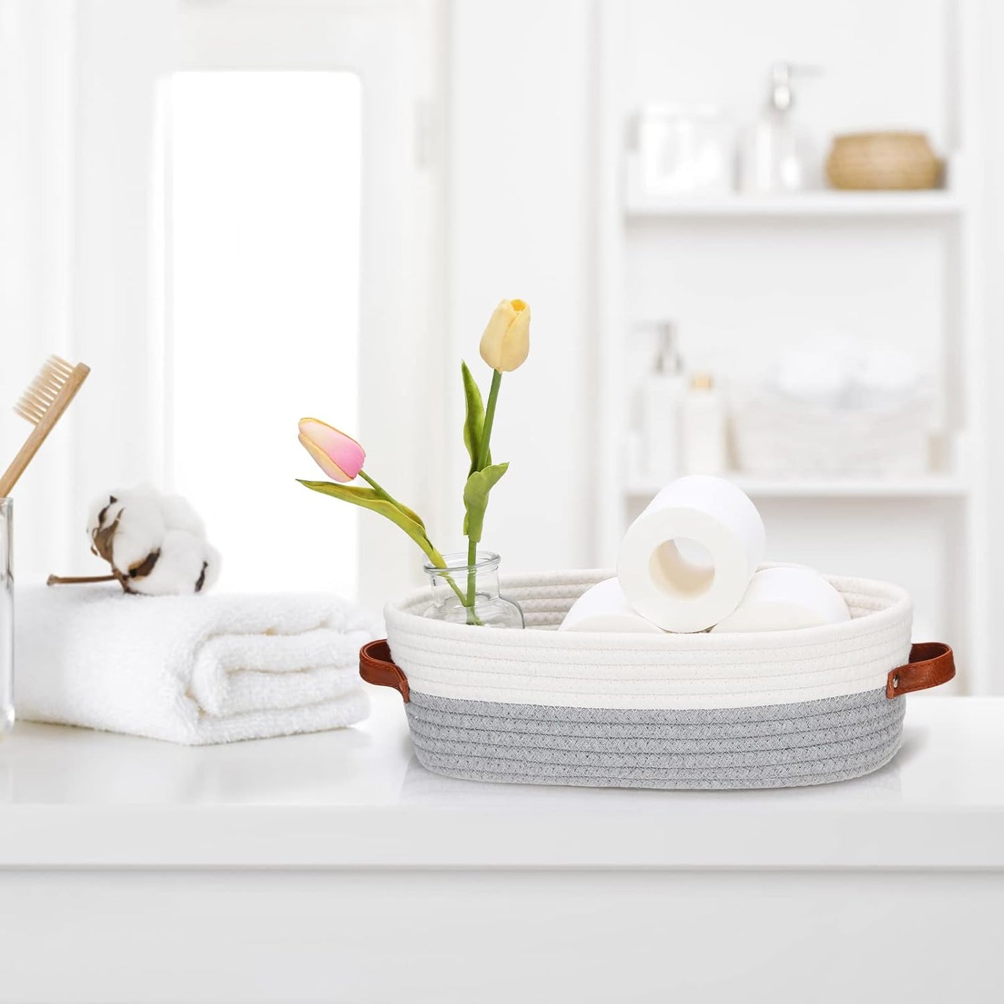 Bathroom Countertop Organizer Basket, Cotton Rope Woven Decorative Basket for Bathroom, Bedroom, 13"x6.3"x4.3" (Off