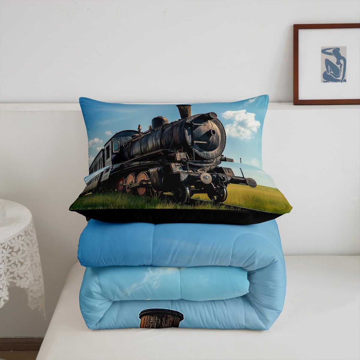 Sets Set Sets,Green 2 Erosebridal Train Comforter Queen Size Retro Steam Engine Bedding for Kids Boys Teens,Railway