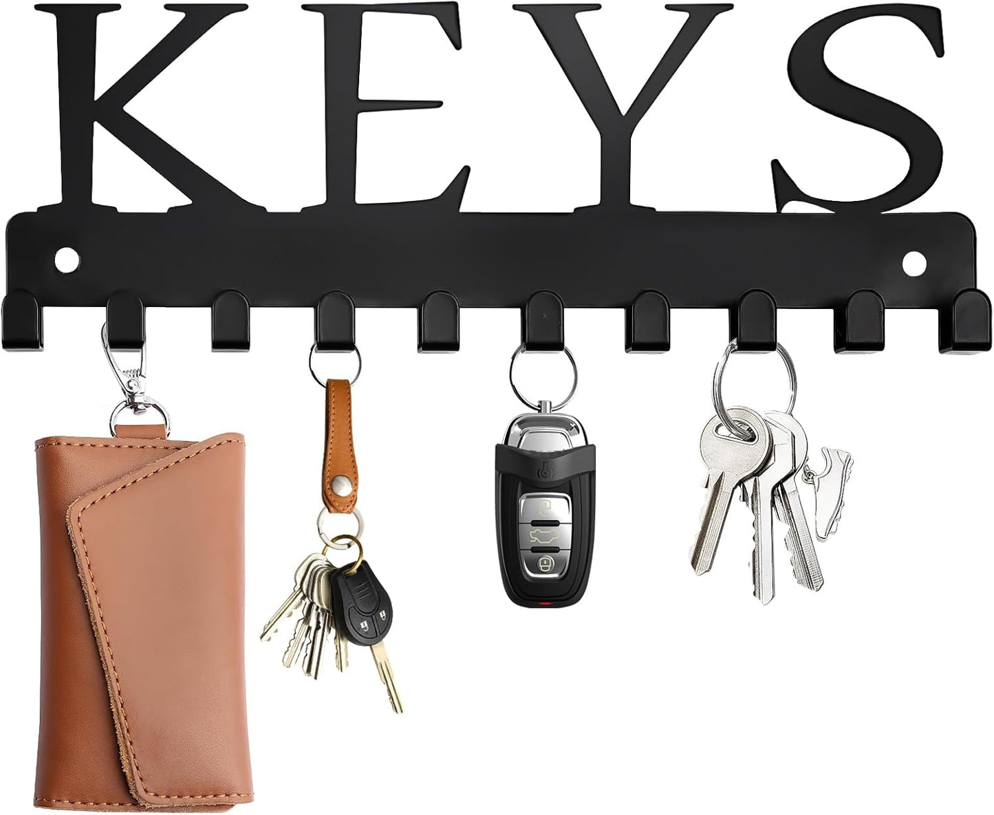 Black Key Holder Wall Mount, Decorative Key Rack Organizer with 10 Hooks, Metal Adhesive Keychain Holder