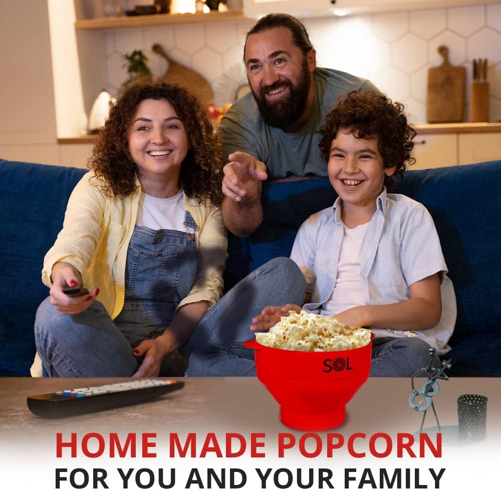 SOL Heat-Resistant Cooking Utensil Set, Microwave Silicone Popcorn Maker with Lid, BPA Free, Collapsible Bowl (Red)