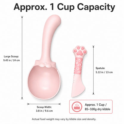 Meow&Woof Cat Food Scoop and Wet Food Spatula Set, 2-Piece Pet Food Measuring Scoop with Bag Clip, Approx. 1 Cup Dry Food Scooper & Silicone Can Spoon for Dogs and Cats, Pink