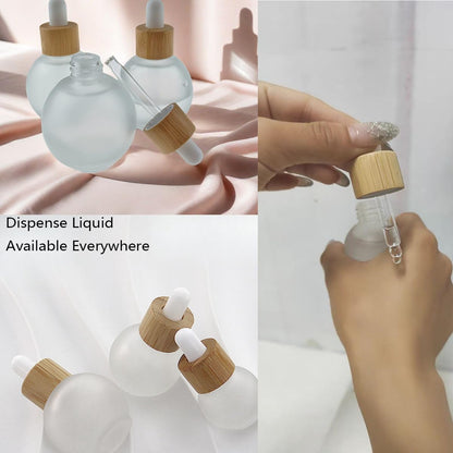 Rowcay Frosted Glass Dropper Bottles, 50ml Small Bulb Shape Essential Oil Dropper Bottle Perfume Dispenser Bottle with Dropper and Bamboo Lid for Essential Oils, Perfumes and Other DIY Liquids(4Pcs)