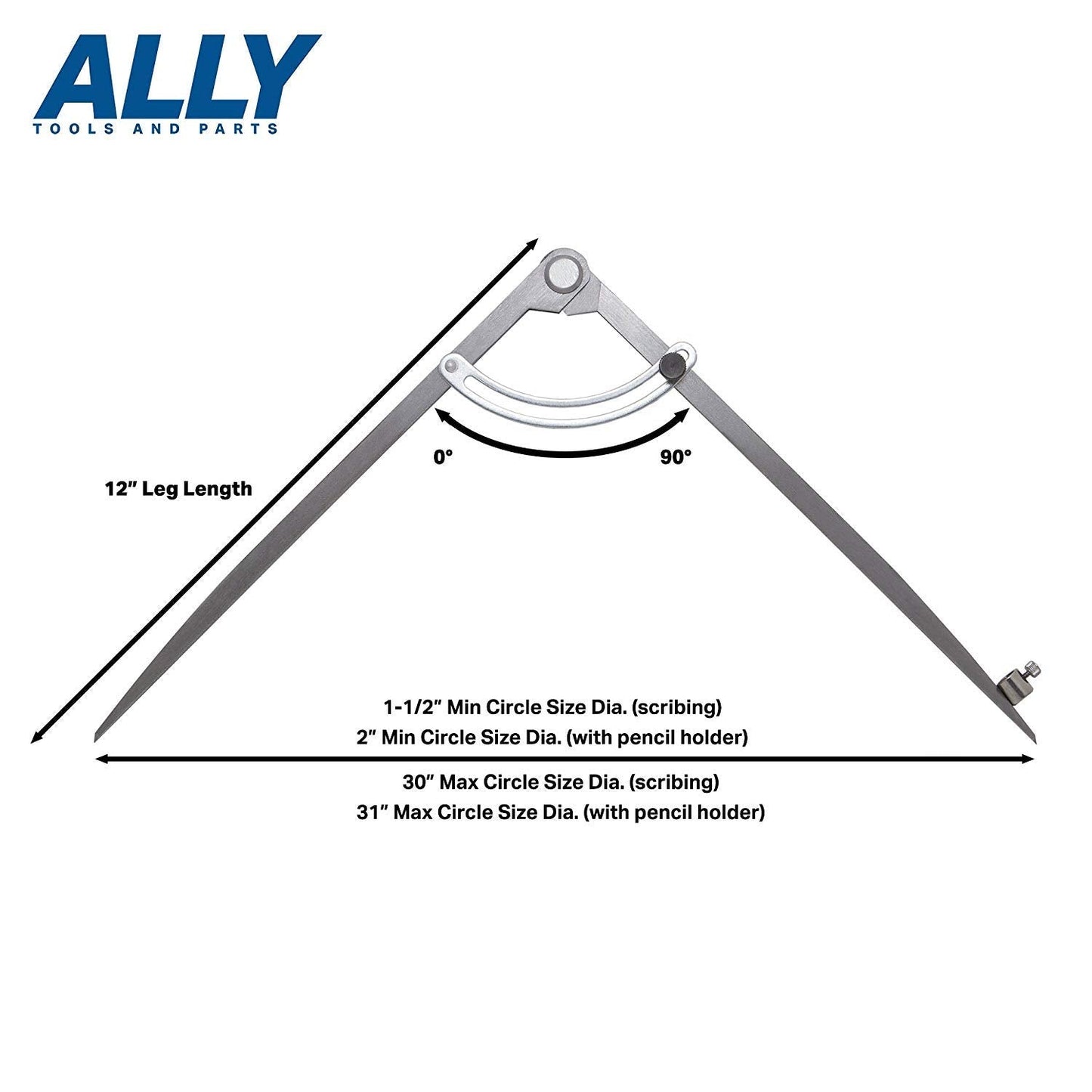ALLY Tools 12 Inch Precision Locking Wing Divider/Woodworking Compass with Pencil Holder INCLUDES Two Pencils and Pencil Sharpener Ideal for Drawing, Drafting, Carpentry