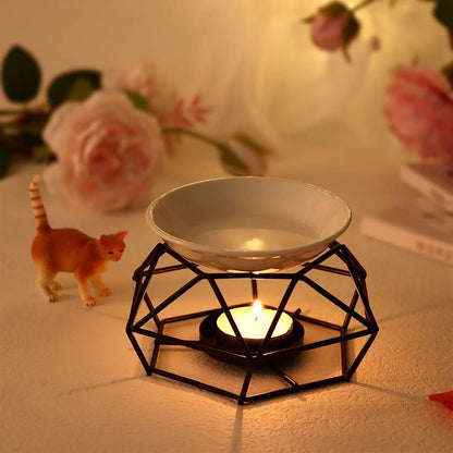 SXCHEN Essential Oil Burner - Ceramic Tealight Wax Candle Burner, Black Metal Aroma Diffuser (Set of 1)