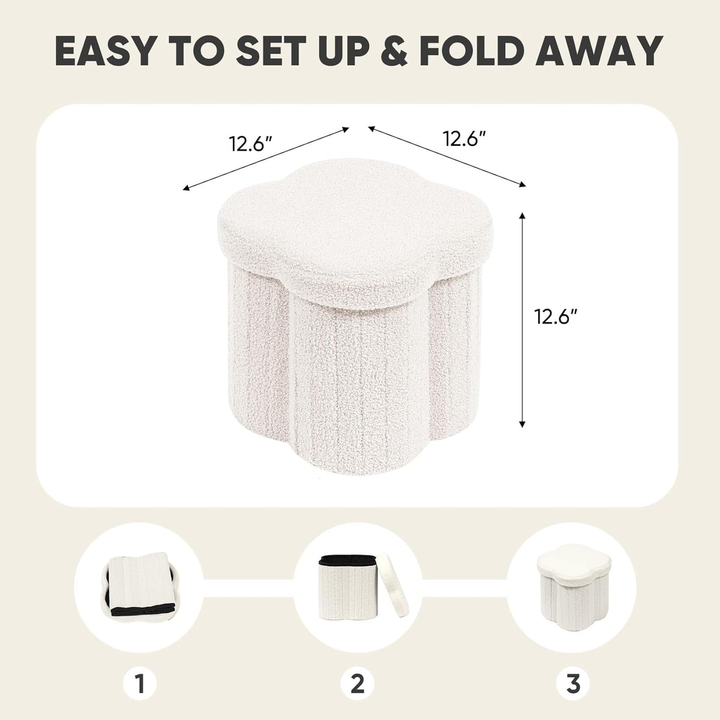 12.6"x12.6"x12.6" PINPLUS Storage Ottoman Cube Flower-Shaped Boucle Footrest Stool with Hidden Storage