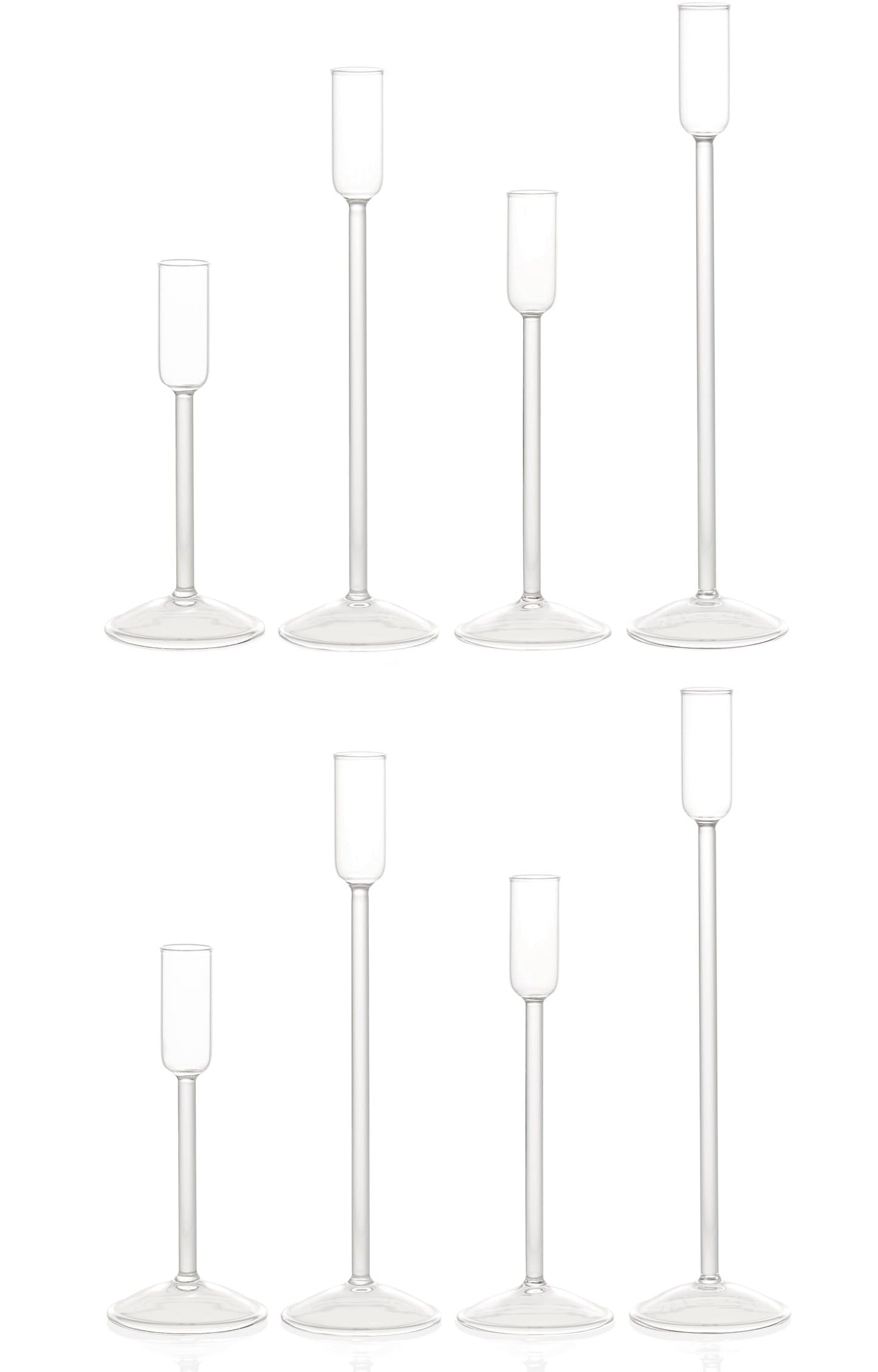 Willceka Candle Holder, Glass Taper Candle Tall Candlestick Holder, 4 Different Heights, for Table Centerpiece, Wedding, Party, Clear, 8pcs