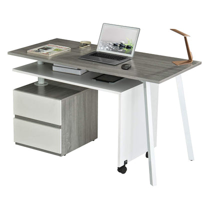 Adjustable L-Shaped Computer Desk with Rolling Tabletop for Multiple Configurations, Two-Drawer Cabinet, and Sturdy Steel Legs – Space-Saving, Ergonomic Design for Home Office or Workspace, Grey