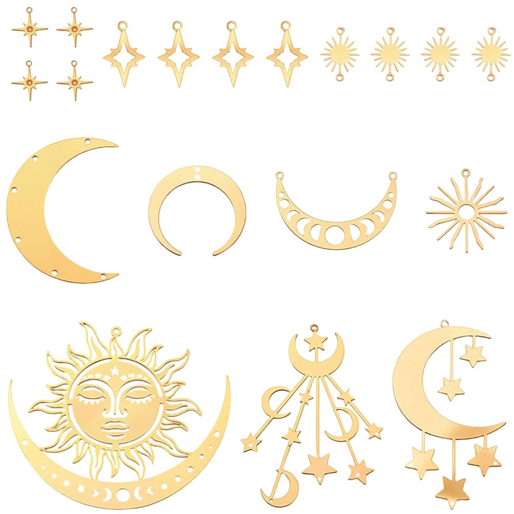 SUNNYCLUE 1 Box 19Pcs 10 Styles Filigree Star Charms Flat Connector Link Charms Brass Gold Hollow Sun Moon Retro Vintage Joiners Links Pendants Findings for Jewelry Making Necklace Bracelet DIY Craft
