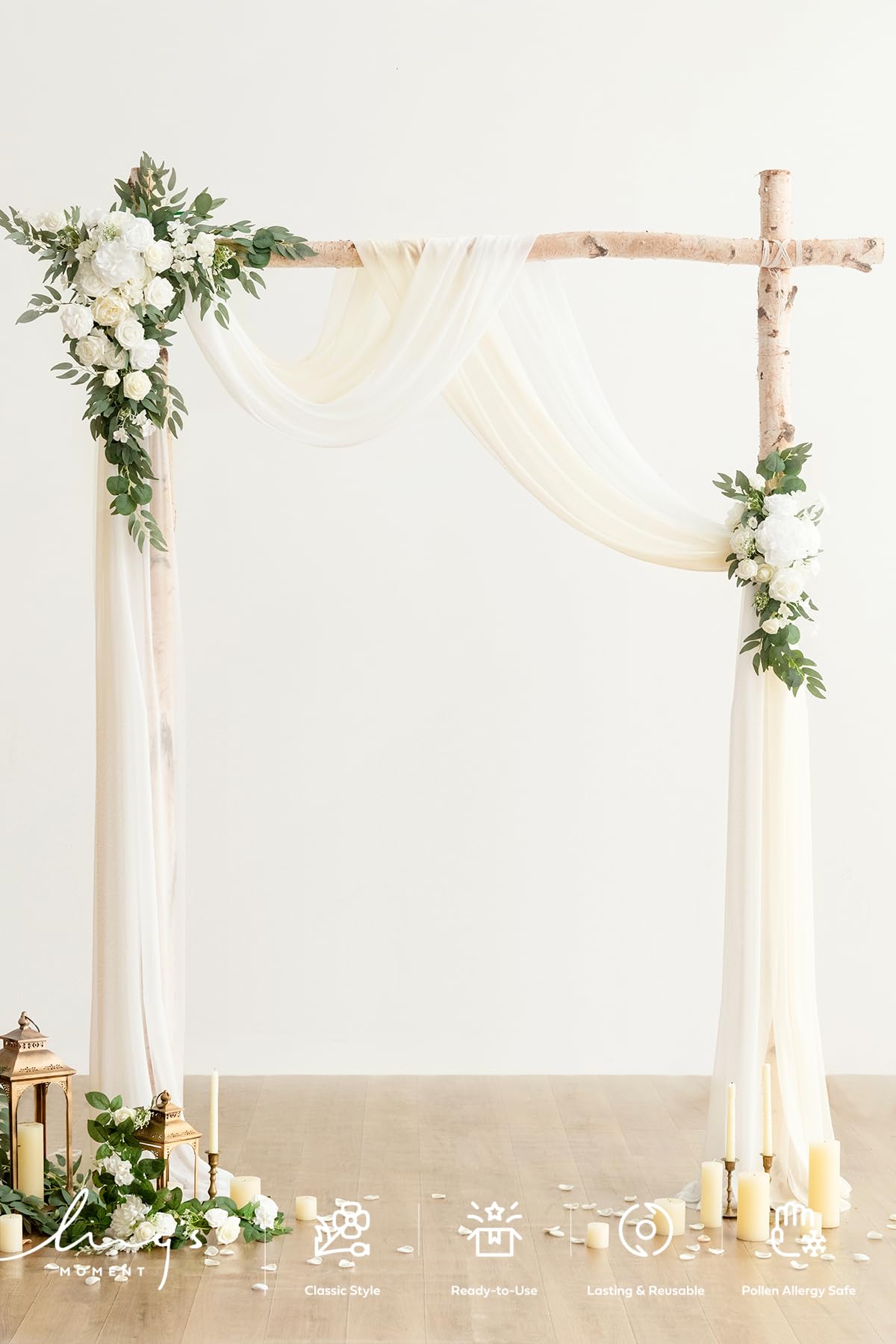 Ling's moment Artificial Wedding Arch Flowers Kit Pack of 4, 2pcs Hanging Silk Flowers Arrangement 2pcs Chiffon Drapes Ceremony Spring Fake Rose Arbor Backdrop White Sage Floral Party Outdoor Decor