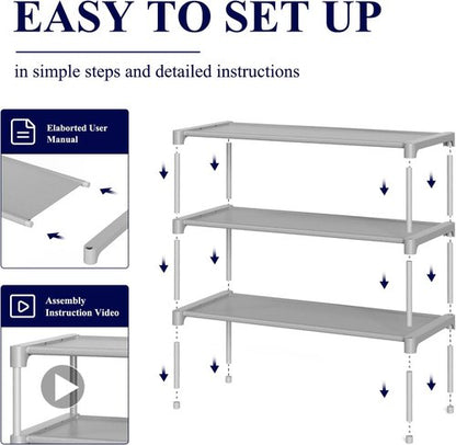 Kitsure Shoe Rack - Stackable Non-Woven Shoe Organizer for Closet & Entryway | 3-Tier, 27.5" Wide, Grey