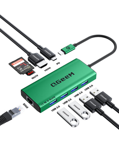 QGeeM USB C Hub Ethernet,9 in 1 USB Type C Hub HDMI Multi-Port Converter Adapter,100W Pd, USB 3.0,SD/TF Card Reader,Compatible for MacBook Pro Air Ipad HP Dell Lenovo Chromebook etc.