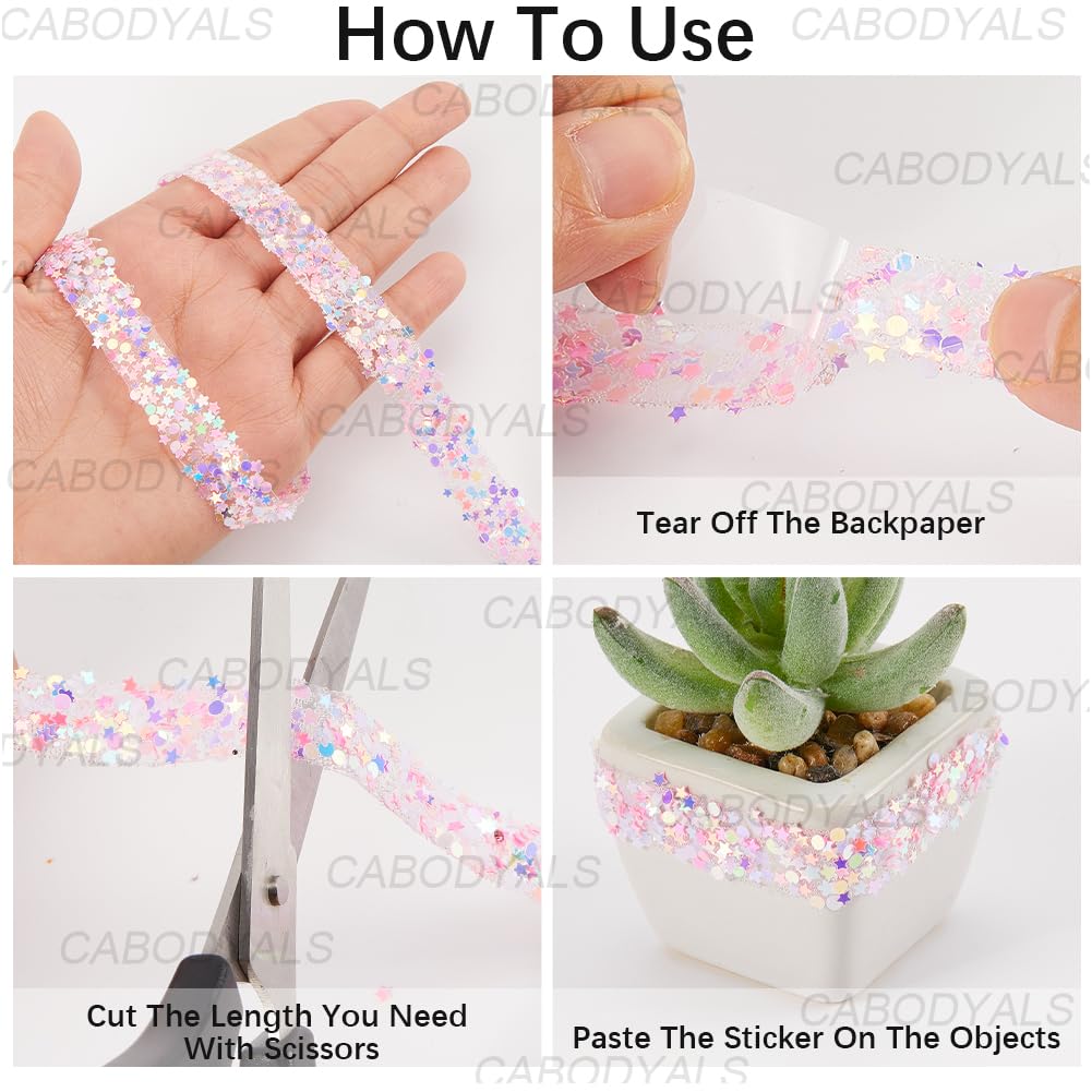 CABODYALS 5.47 Yards 15MM Pink Self Adhesive Rhinestone Ribbon Crystal Sequin Star Sticker Strips Bling Glitter Diamond Rhinestones Trim Tape Wrap Bulk Roll for Crafts Clothes Party Wedding Decoration