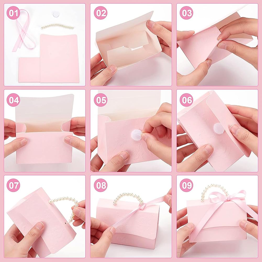 BENECREAT 16Set Wedding Favors Box DIY Set, Pink Kraft Paper Box with Pearl Handle, Ribbons, Stickers, Gift Boxes for Birthday, Party Favor, Boutique, Wedding and Anniversary