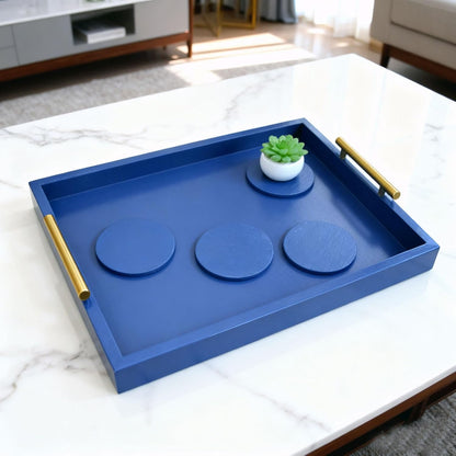 16.5X 13Deluxe 4 Serving Tray Wooden Ottoman Tray for Coffee Table with Polished Goldr Metal Handles and Coasters