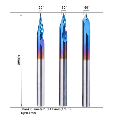 FoxAlien 3pcs 20/30/60 Deg 0.1mm 2-Flute Spiral Engraving V-Bit Set for Wood Carving Milling, 1/8” Shank CNC Router Bits, Nano Blue Coating Carving Bit for Wood MDF Lettering Sign Making