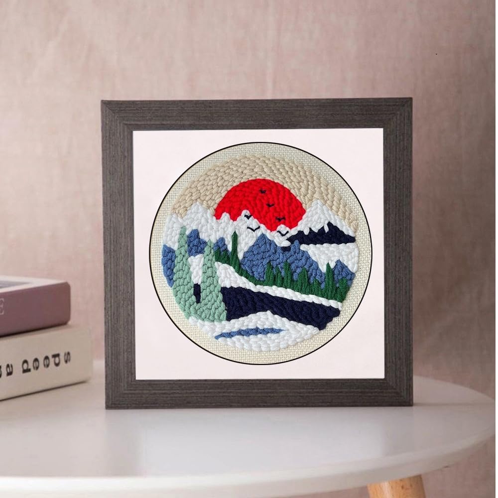 Esffaci Punch Needle Kit for Adults Beginner Starter Punch Embroidery Kit with Red Sunrise Snow Mountain Tree Scenery Pattern DIY Punch Stitch Supplies with Stamped Fabric Yarn Hoop Tool Instruction
