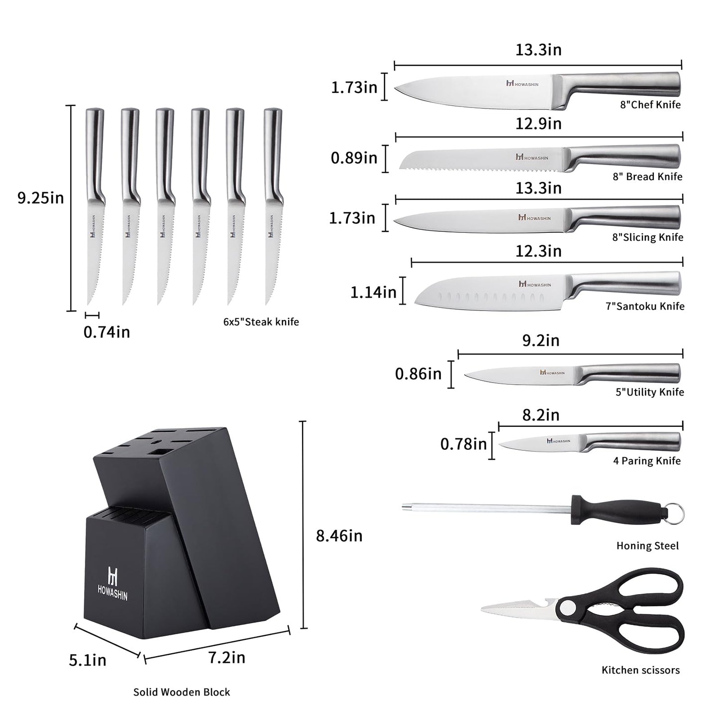 Knife Set with Block – Howashin Stainless Steel Kitchen Knife Set, Sharp Blade Set with Sharpening Steel– 15 Pcs Chef Knife Set