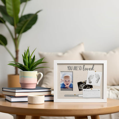 Kate & Milo You Are So Loved Collage Frame, Newborn Keepsake Box, Baby Memento, Nursery Decor, Handprint and Footprint Ink Pad Included, Linen Mat, White