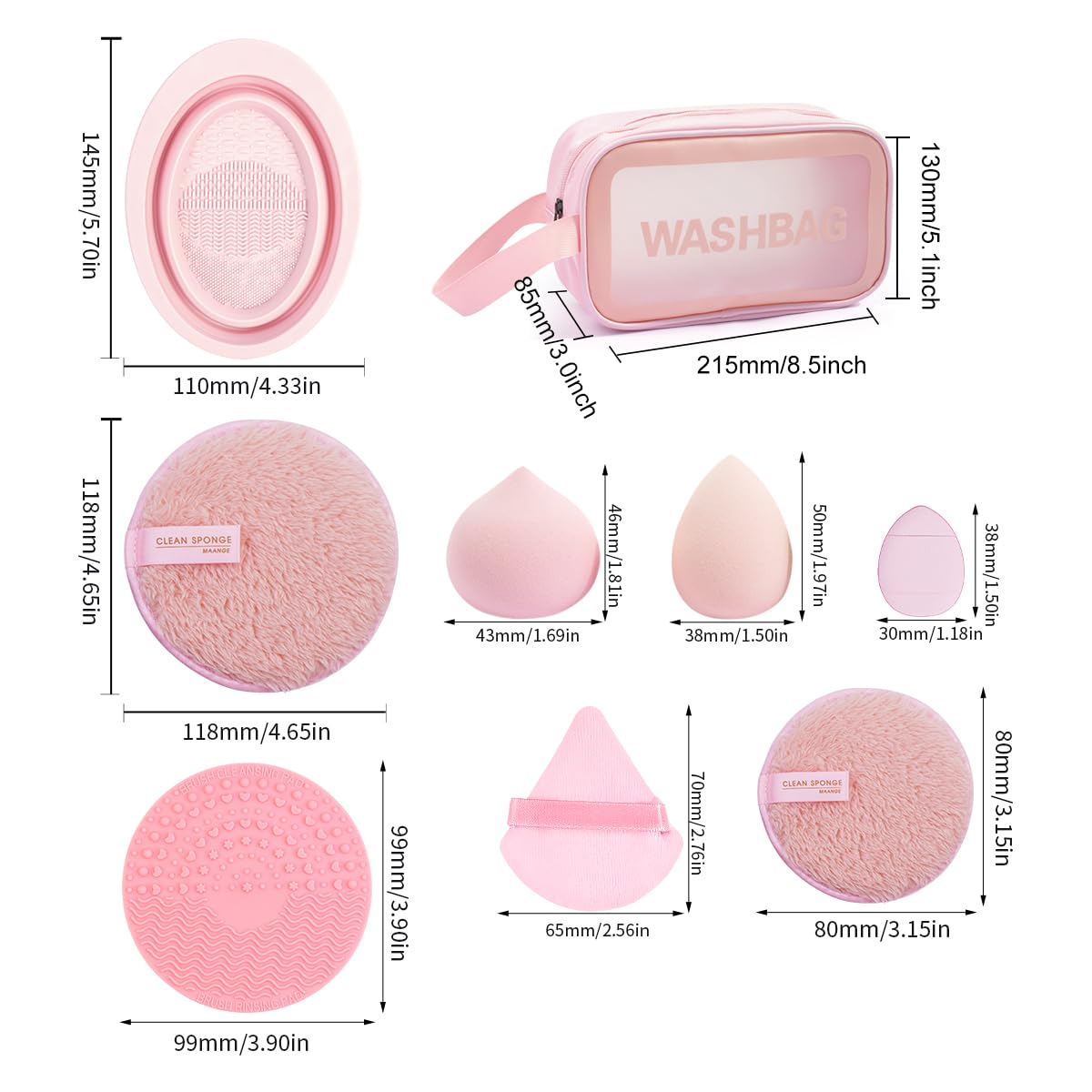MAANGE 30pcs Professional Makeup Brush Set With Velvet Bag&5pcs Beauty Blender&2pcs Makeup Remover Puff&5pcs Triangle Powder Puff&3pcs Mini Thumb Puff&Toiletry Bag&2pcs Cleaning Mat (Blacksliver)