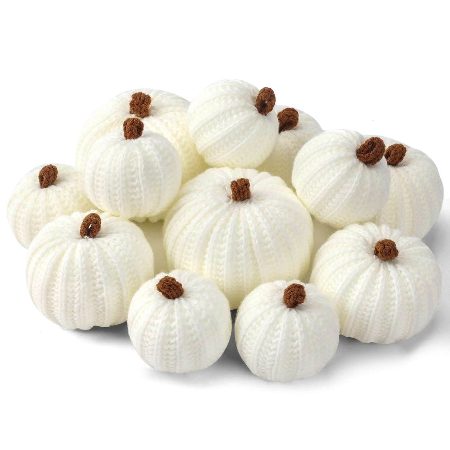 ZenNex 12-Pack Fall Crochet Pumpkins Handmade Fall Decor Set with 2.36, 3.15, 4inch Sizes Knit Pumpkins Farmhouse Thanksgiving Table Centerpiece, Halloween Decorations (White)
