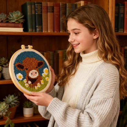 DIY Punch Needle Kits for Beginners Cute Cartoon Highland Cow with Daisy Flower with Hoop Embroidery Punch Needle Starter Craft Set Easy for Adults and Children Festival Gift and Decoration 20x20cm-1