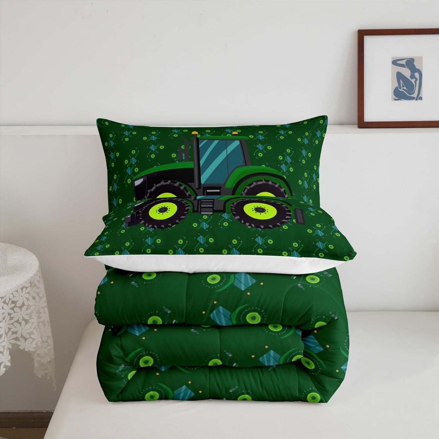 Set Set, Set, Erosebridal Boys Tractor Comforter Twin Size, Green Equipment Trucks Bedding Construction Excavator Down