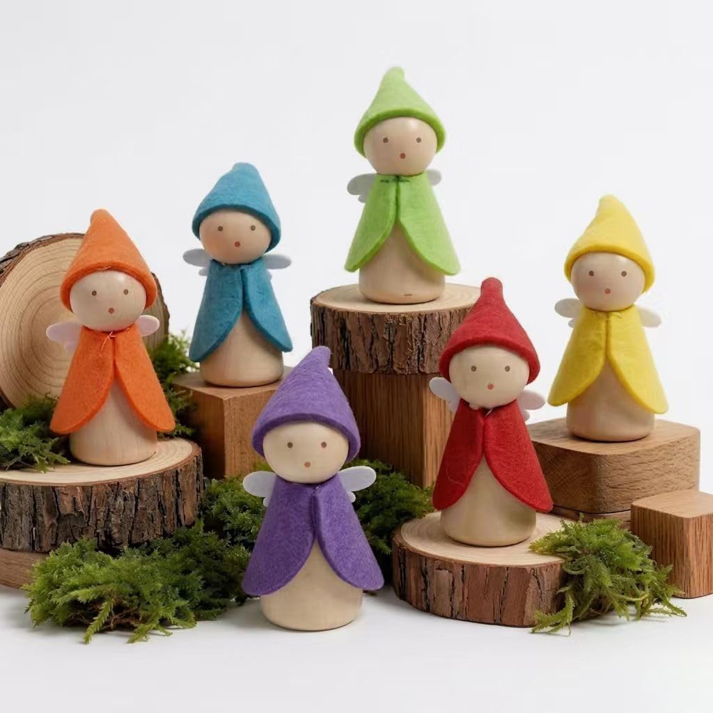 Sing2sky 6 Pcs Wooden Elf Figures, Miniature Dollhouse Accessories for Kids Ages 3+, Cute Wood Gnome Peg Dolls for Small Fairy Garden Decor