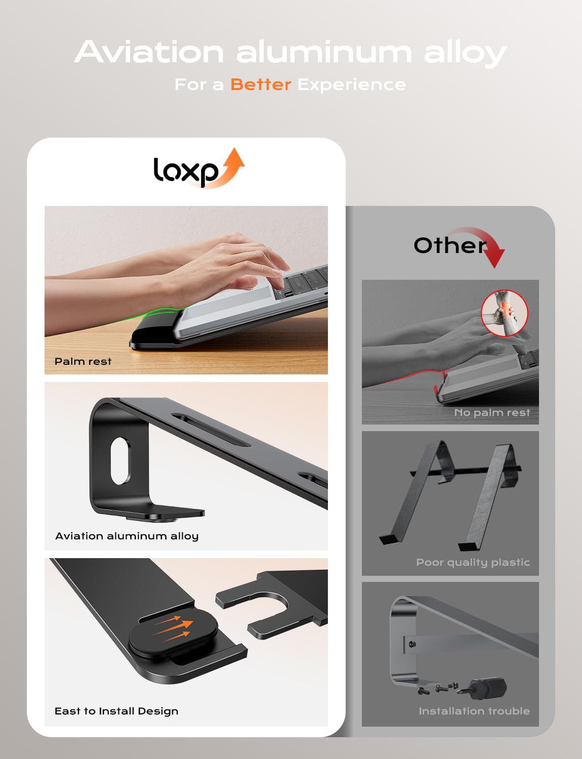 LOXP Laptop Stand for Desk, Metal Laptop Stand with Wrist Support, Ergonomic Detachable Laptop Riser, Aluminum Protable, Computer Stand for MacBook Air Pro, HP, Dell, XPS, HP (10-17") Laptops - Black