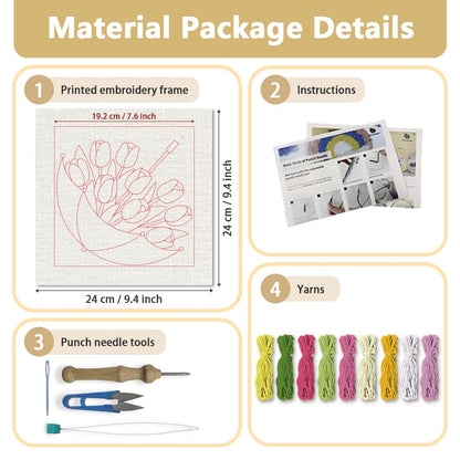 DOODLREAM Tulips Flower Punch Needle Kit for Beginner, 9.4"x 9.4" Umbrellas Punch Stitching Craft Set, DIY Embroidery Starter with Printed Frame, Instruction, Threader, Yarn, Pinch Needle