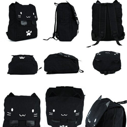 DemonChest Black College Cute Cat Embroidery Canvas School Backpack Bags for Kids Kitty(White)