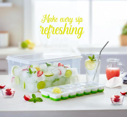 56pcs Ice Cube Tray with Lid and Bin – Stackable 4 Trays Silicone Plastic Freezer Mold, Large Ice Bucket with Scoop, Tong & 2 SS Straws – Easy Release Ice Maker for Cocktail, Coffee, RV, Whiskey