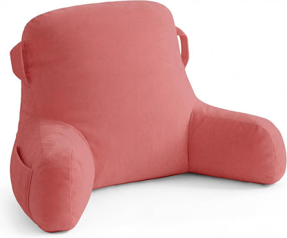 Unisakey Portable Comfy Reading Pillows for Bed Sitting Up(Dark Pink Oeko-Tex), Velvet Back Pillow with Arms & Pockets