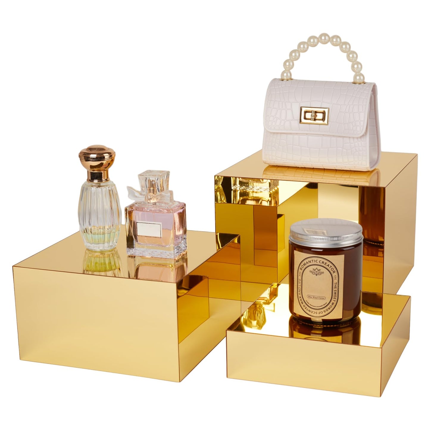 Jolboldy 3 Pcs Gold Acrylic Risers Display Stands, Mirrored Nesting Cube Boxes Pedestal for Figures Collectibles, Jewelry Purse Wallet Showcase Blocks, Buffet Risers Food Display Catering Dessert Cake