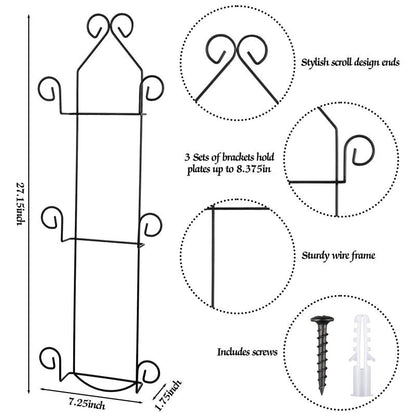 Menkxi Set of 2 Plate Rack for Wall Vertical 3 Tier Metal Wall Plate Holder Display Hanger for Dishes Decorative Plates Arts with Screw Fittings for Collectible Plates Picture Frames Artwork(Black)