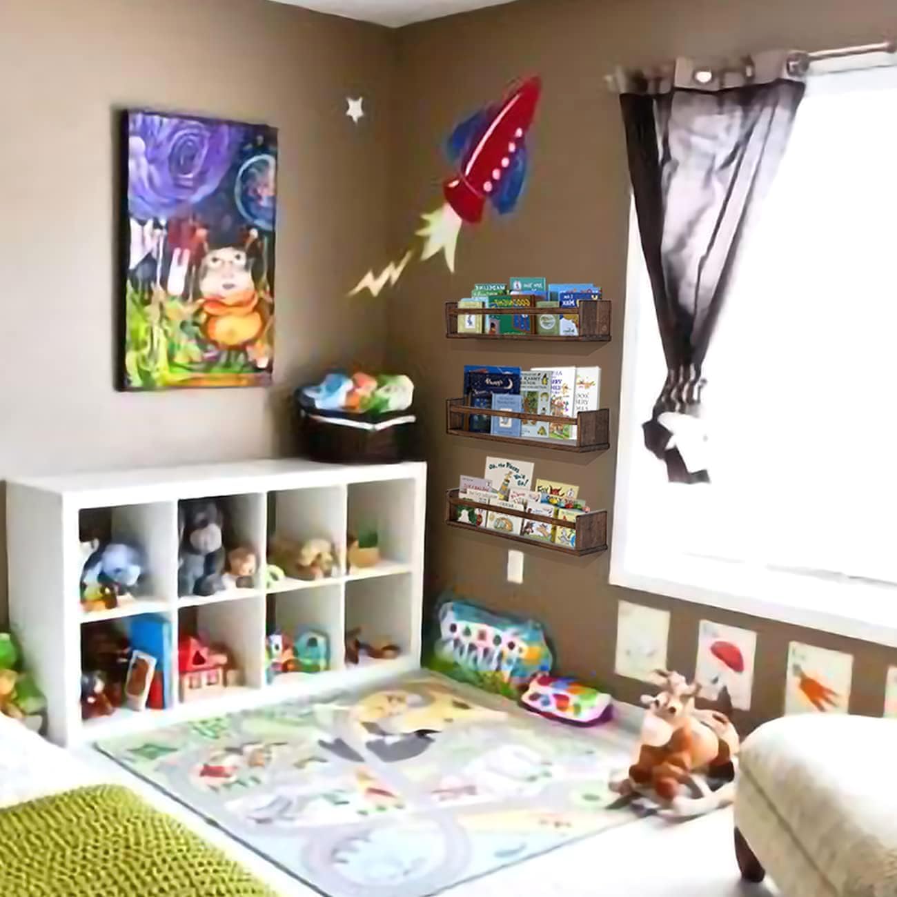 24 Inch Set 3 AZSKY Nursery Book Shelves Deep Walnut Floating Bookshelf for Kids Room Wall Mounted Floating Shelves