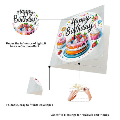 pigpigboss 6 Packs Happy Birthday Diamond Painting Greeting Cards, Birthday Cake Diamond Art Cards with Envelope, Special Shaped Birthday Cake Painting Crads for Adult Birthday Blessing