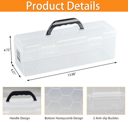 Flythww Plastic Storage Container with Lid, Clear Craft Tool Art Supply Sewing Organizer Box with Handle, Storage Bin for Paint Brush, Cards, Pencils, Crayon, Toys, Ribbons (L 13.98 x 4.21 x 4.72 in)