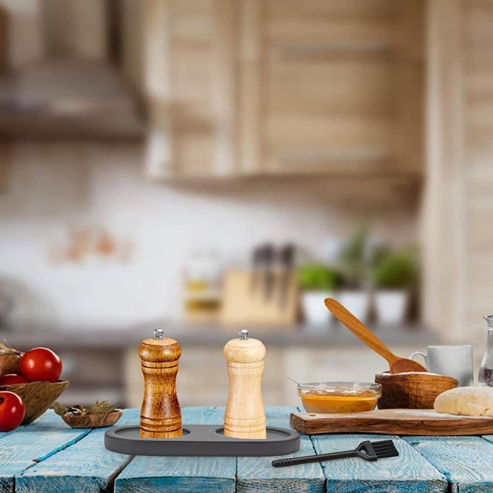 GORGECRAFT Salt and Pepper Mill Tray: Wooden Grinder Rest Holder with 2Pcs Cleaning Brush for Kitchen Storage